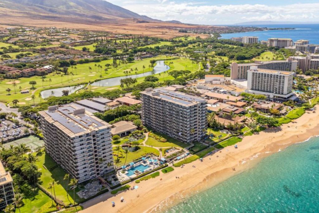 A view of the ocean and beach from above.