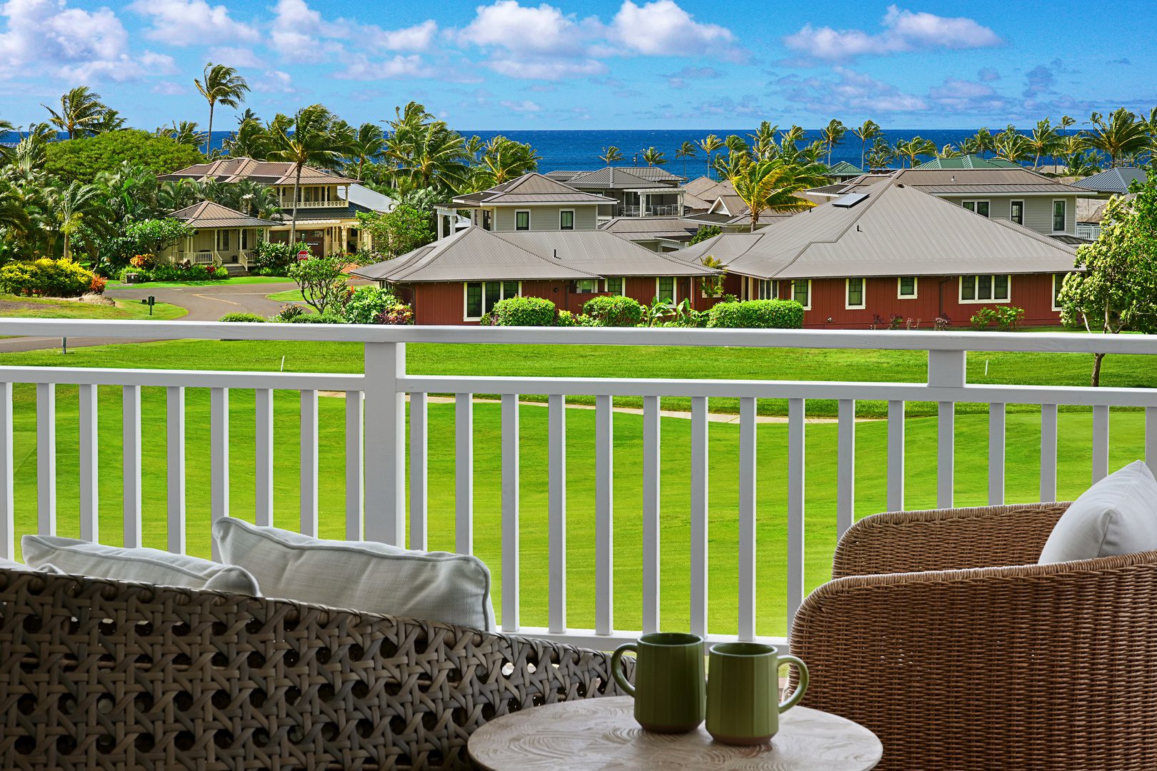 A view of the ocean from an outdoor patio.